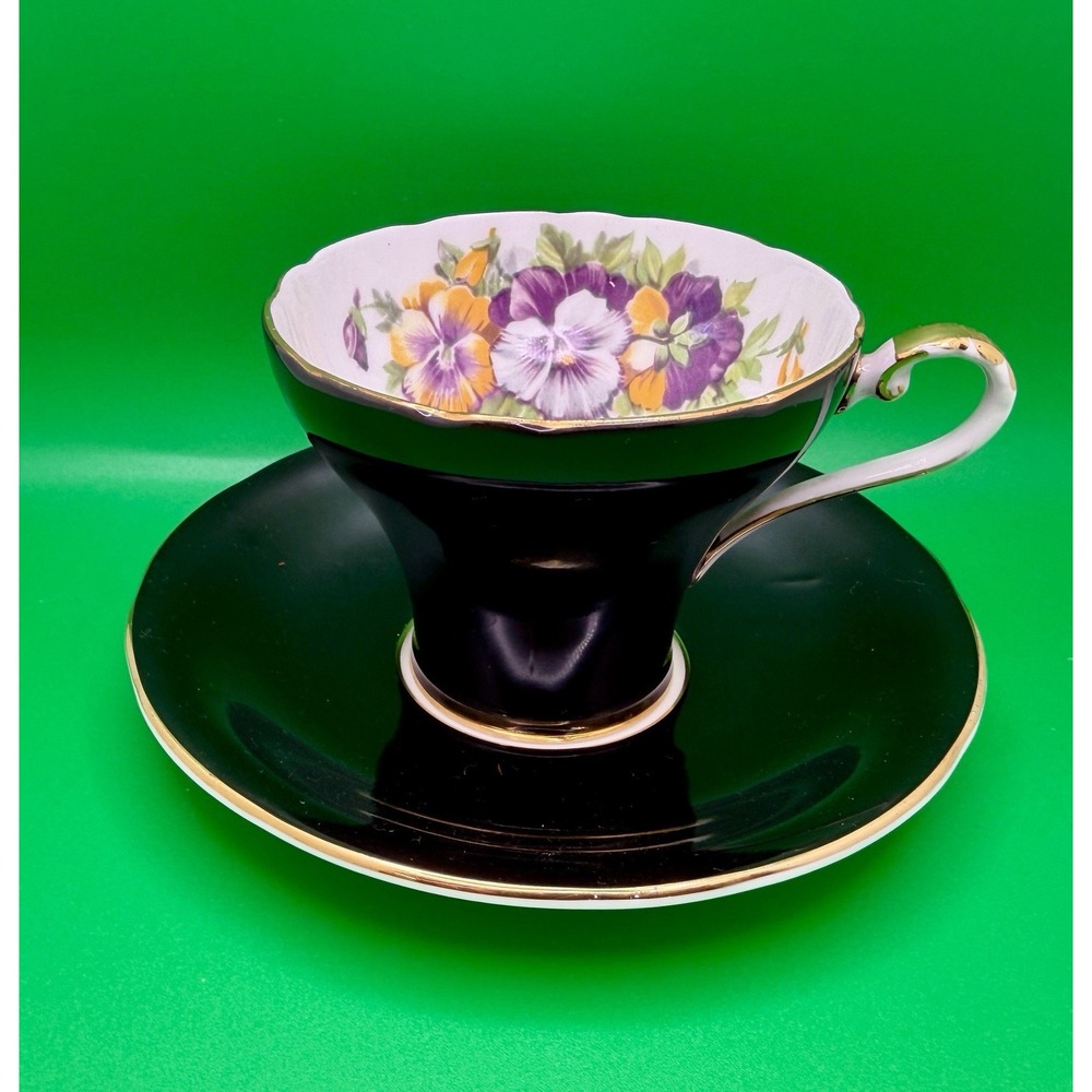 VTG 1930s Aynsley England Tea Cup Saucer Set Black & Gilded Hand Painted Pansies